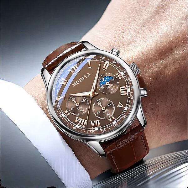 Men's multifunctional fully automatic quartz watch three-eye moon phase trendy luminous non-mechanical