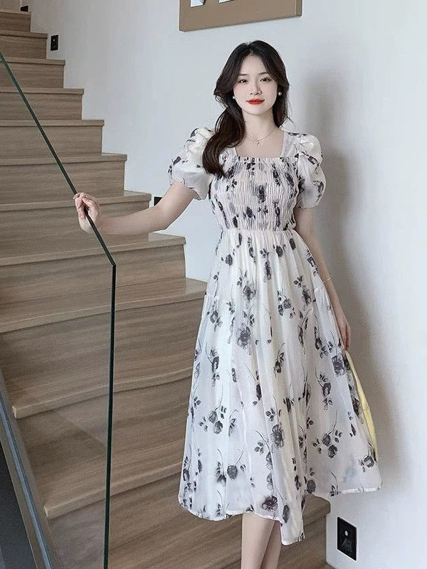 French retro floral dress for women summer new style small fresh puff sleeves and waist